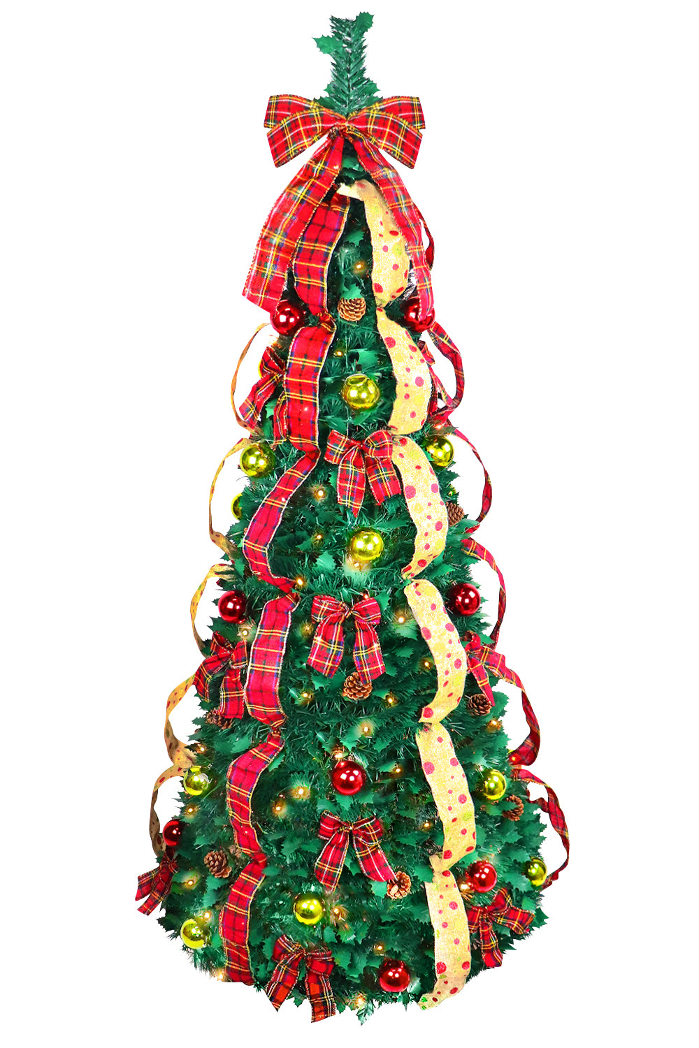Decorated Christmas tree with red and yellow ribbons and ornaments on a white background