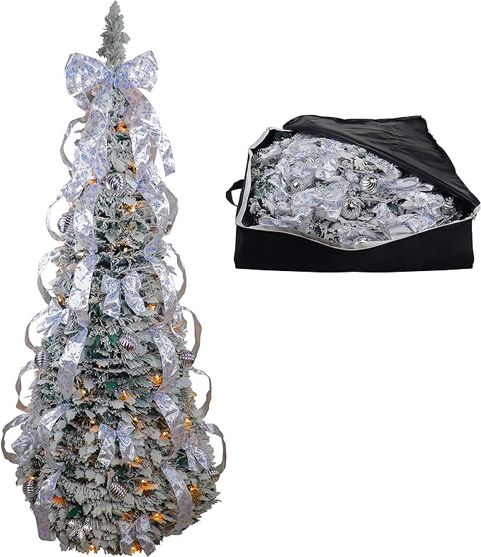6 Ft Flocked Pop Up Christmas Tree with Lights and Storage Bag
