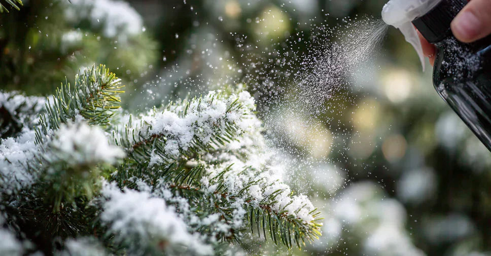 A_close-up_of_flocking_powder_being_applied_to_a christmas tree