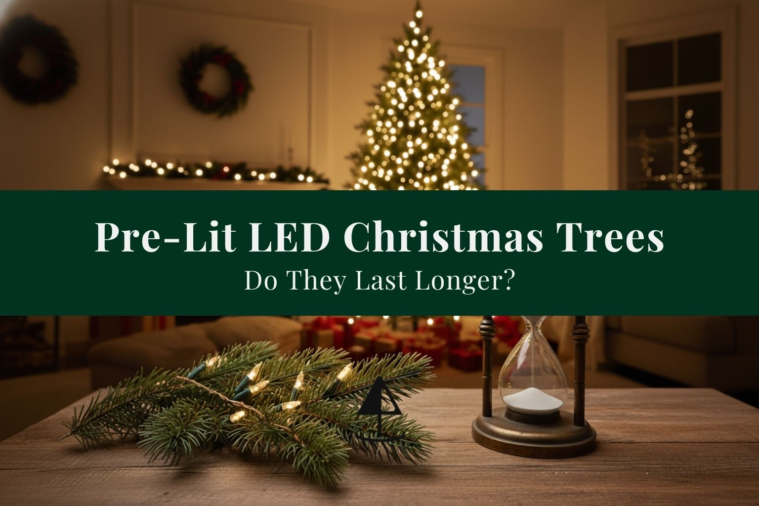 Hero image for an article asking "do pre-lit LED Christmas trees last longer?" An hourglass on a table next to a lit branch symbolizes the debate over pre-lit Christmas tree lifespan.