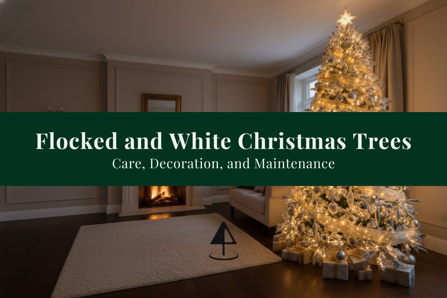 A beautifully decorated flocked white Christmas tree glows with warm lights in a cozy, festive living room.