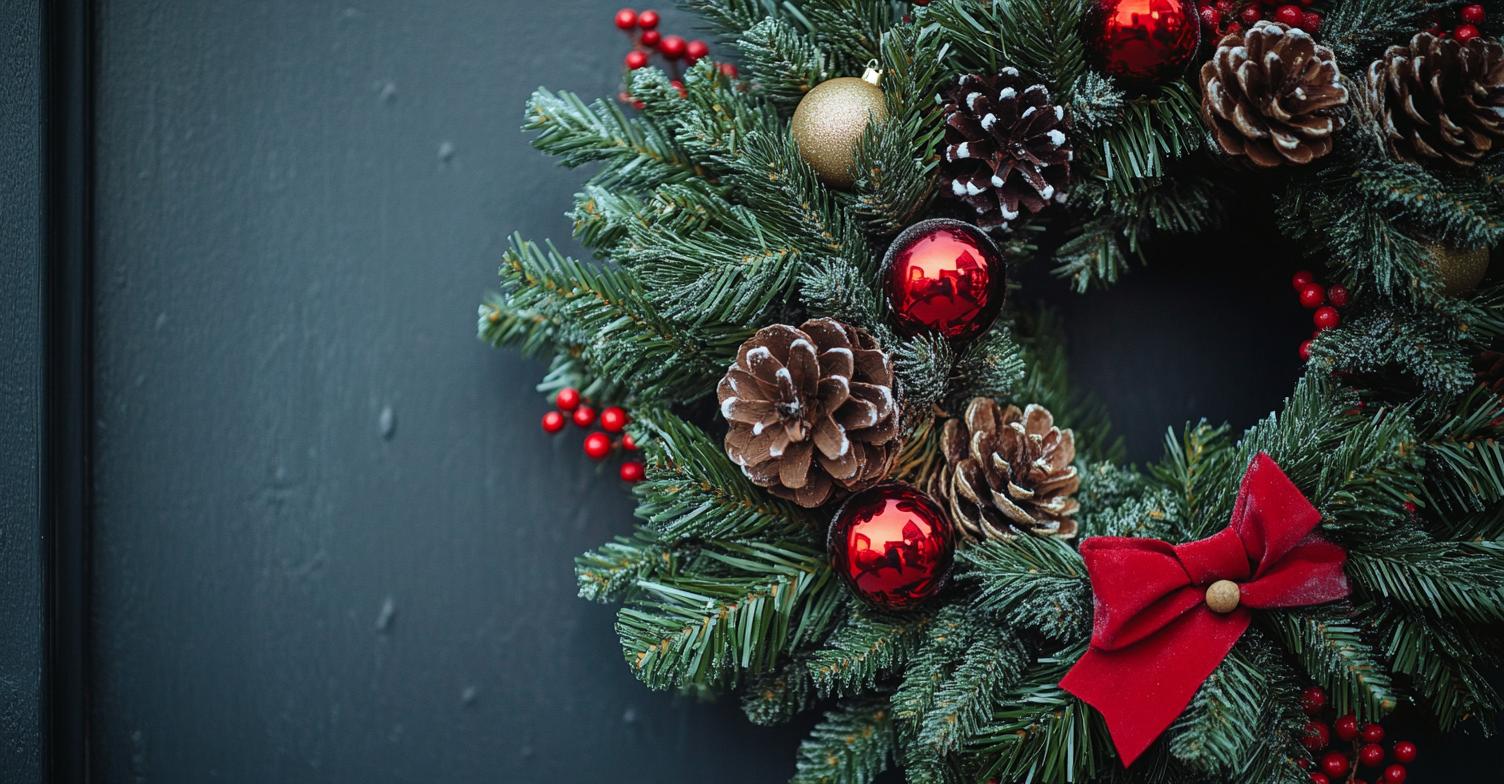 Festive artificial Christmas wreath with pinecones, red ornaments, and a red bow hanging on a dark-colored door.