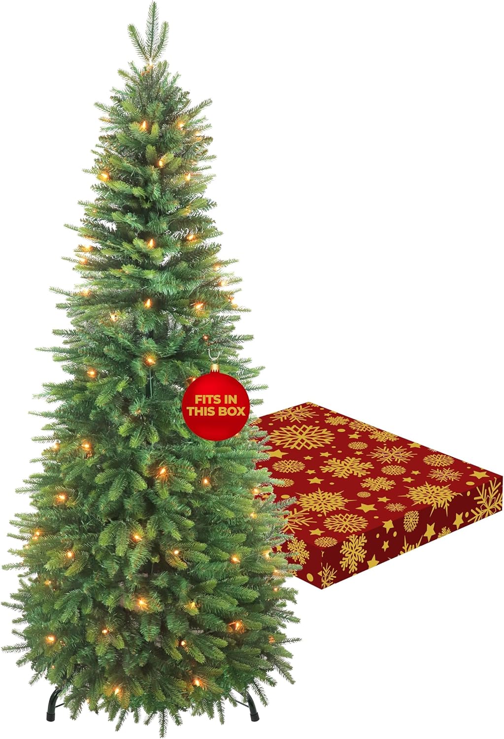 A 6ft pre-lit Christmas tree next to a slim holiday box, showing its compact storage size.