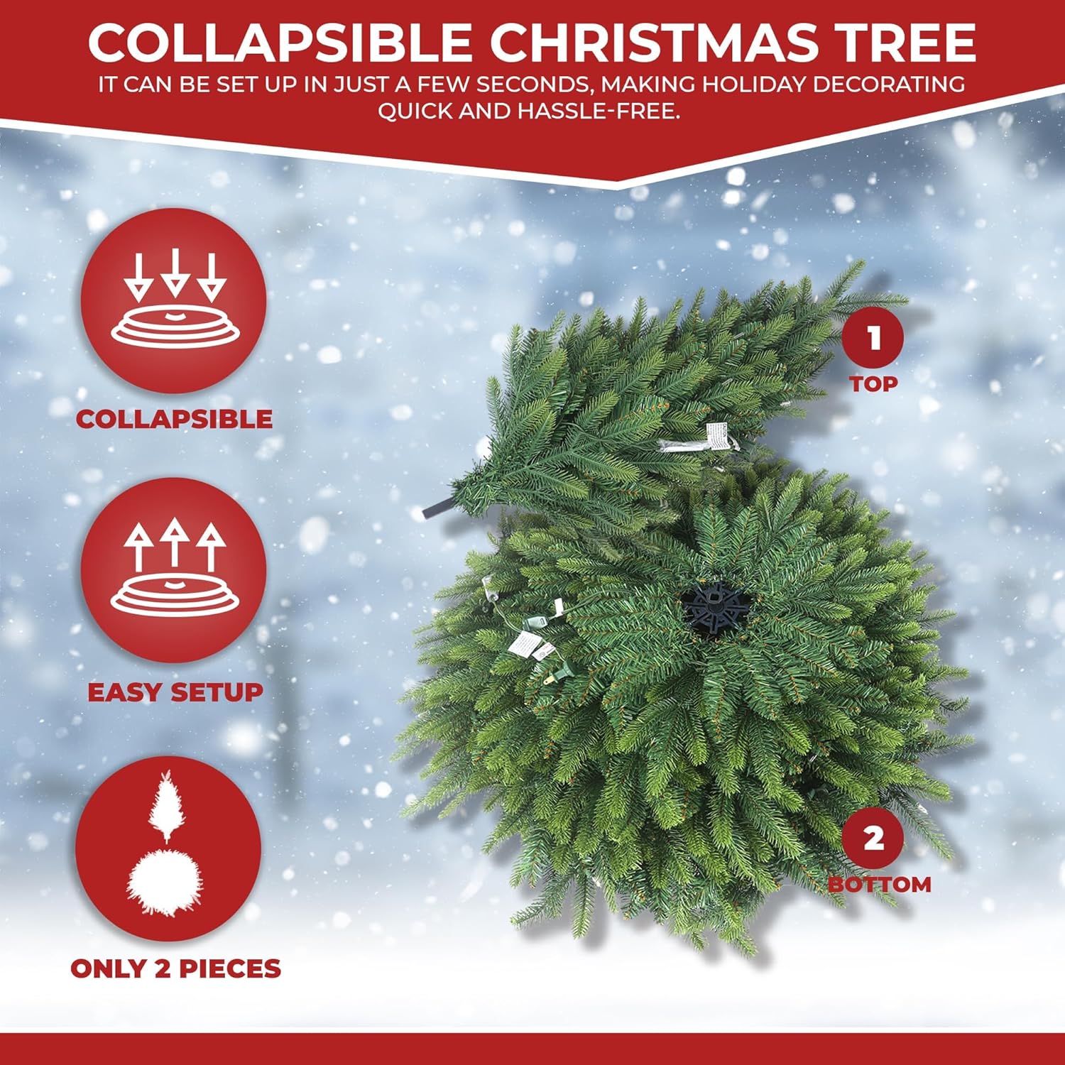 Graphic showing the 6ft collapsible Christmas tree's easy setup with two main pieces.