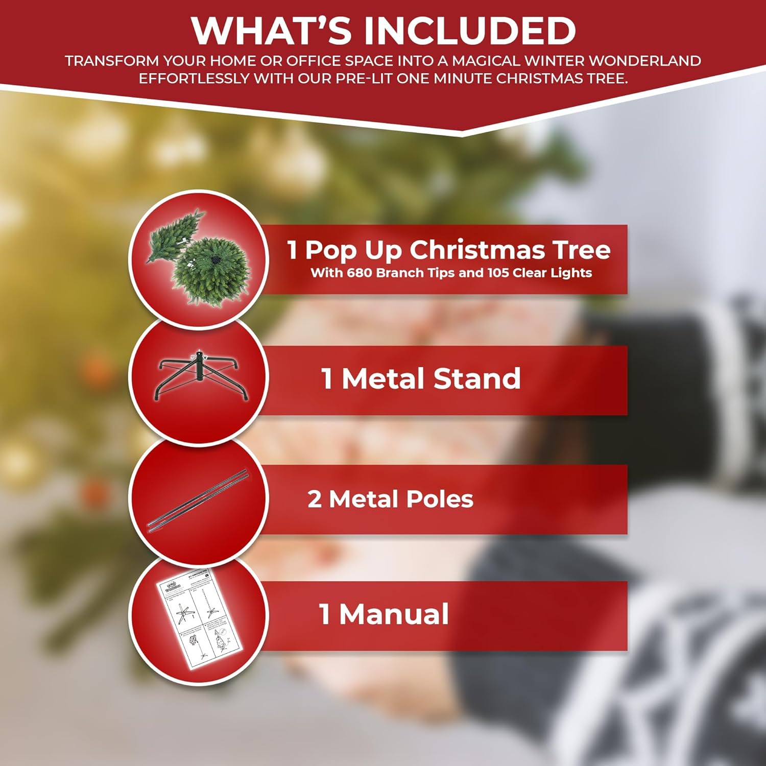 Infographic listing contents for the 6ft pop-up Christmas tree: tree, metal stand, poles, and manual.