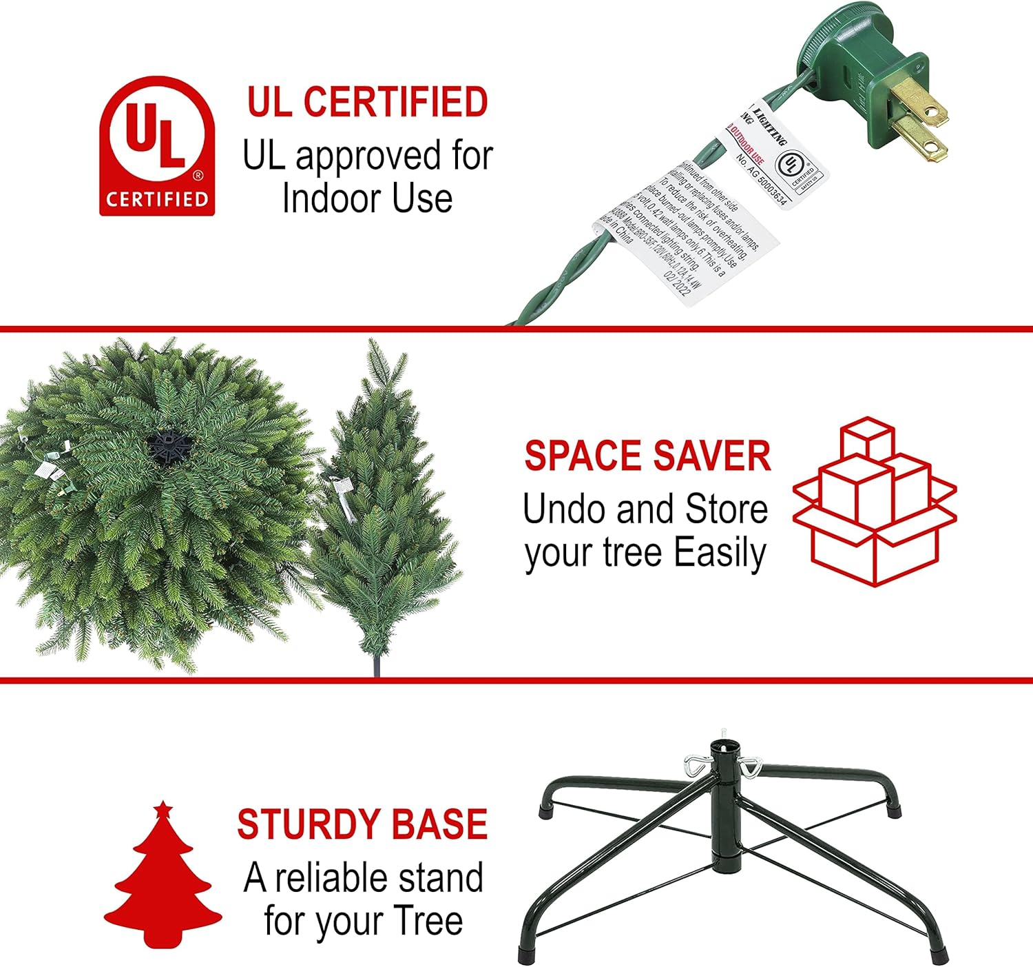 Feature graphic highlighting the tree's UL certified plug, space-saving storage, and sturdy metal base.