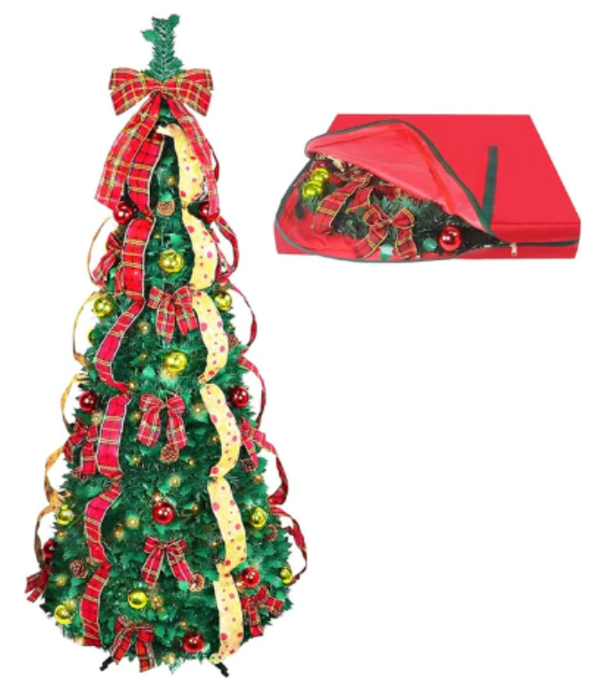 A 6-foot pre-lit One Minute Christmas tree, fully decorated with festive red plaid ribbons and ornaments.