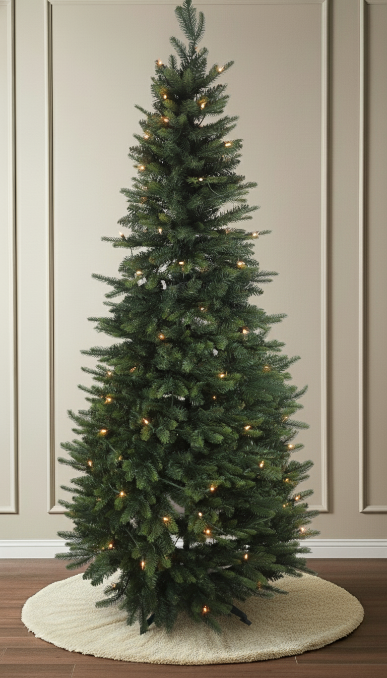 A 6-foot realistic foldable Christmas tree shown pre-lit with warm white lights and no decorations.