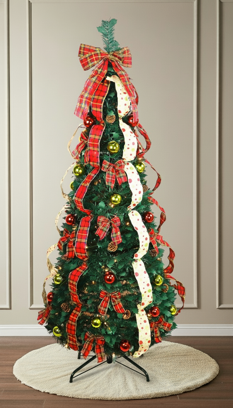 A 7.5-foot pull-up Christmas tree, pre-lit and decorated with red plaid ribbon and a large bow topper.