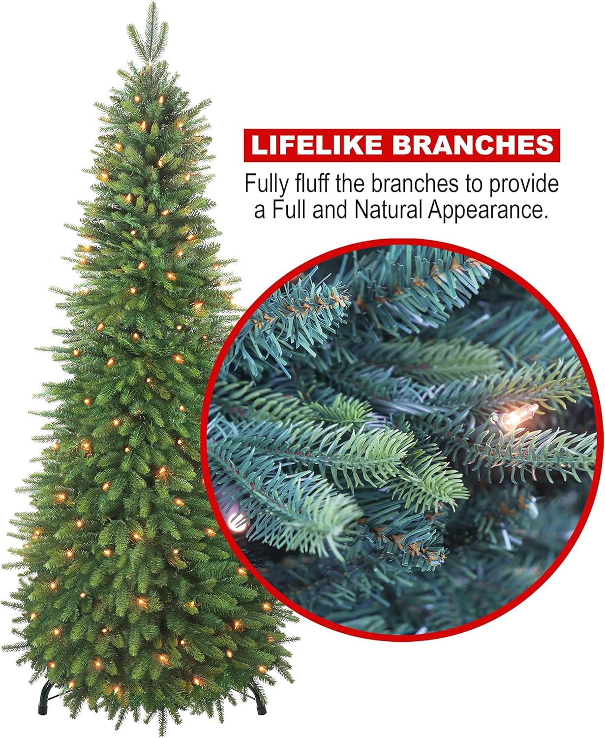 A 6ft pre-lit tree with a magnified view showing the full, lifelike appearance of its branches.