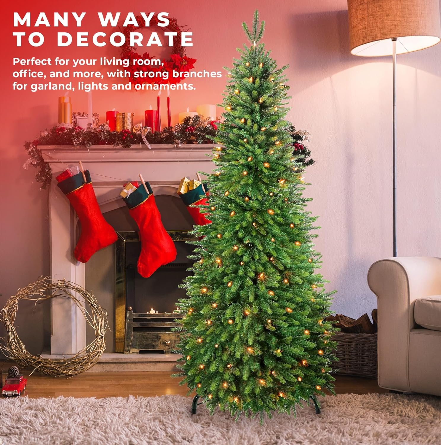 The 6ft pre-lit Christmas tree shown in a decorated living room, demonstrating its use as holiday decor.