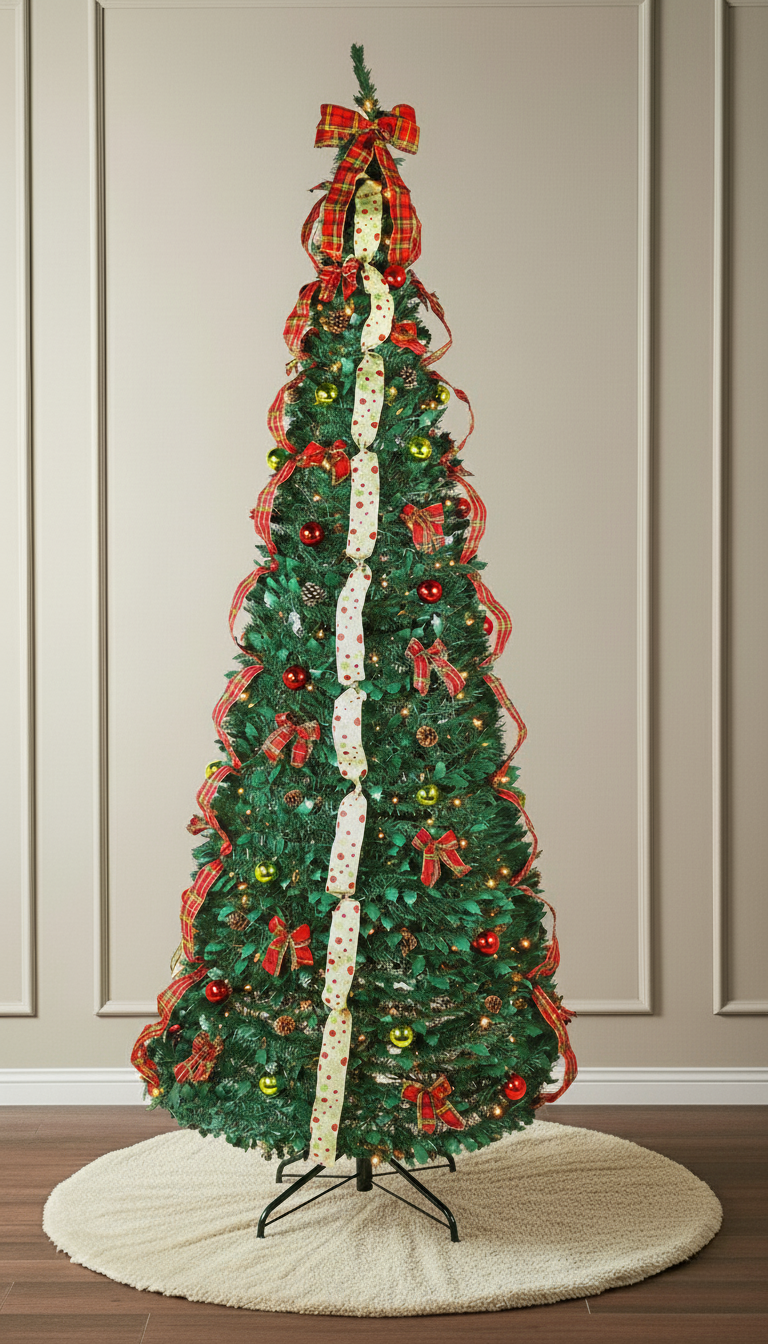 A tall 9-foot One Minute Christmas tree, fully pre-lit and decorated with traditional red and green decor.